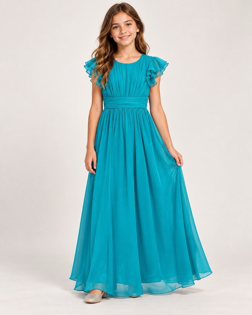 Girls Happy Rose Chiffon Flutter Sleeve Formal Bridesmaid Dress, Blue, Size 12